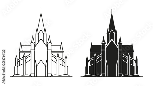 Billede på lærred Gothic Revival Church Architecture: Two stylized architectural drawings showcase the grandeur of a Gothic revival church, one in outline and the other as a solid black silhouette