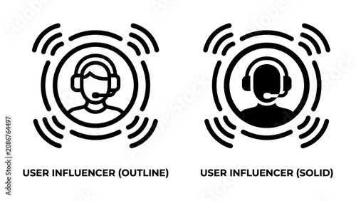 Foto User Influencer Icons: Two stylized icons represent a user influencer, one in outline and one in solid form, both enclosed in concentric rings symbolizing communication or reach