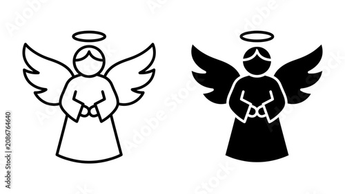 Canvas Print Angel Icon: A simple, stylized depiction of an angel, presented in both outline and silhouette form, featuring wings and a halo, symbolizing protection and guidance