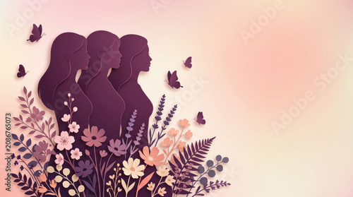 Paper cut illustration of diverse female friends standing together surrounded by flowers and butterflies for Friendship Day, symbolizing sisterhood, unity, support, empowerment and lasting friendship
