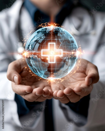 Doctor holding a glowing global health network icon