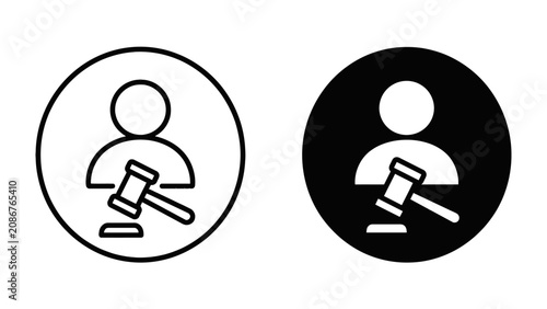 Photos Legal Authority Icons: Two simplified icons, one in black and one in white, depict a figure representing a person or judge holding a gavel, symbolizing legal authority and justice