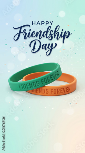 Happy Friendship Day greeting featuring vibrant silicone friendship bracelets with forever message on a dreamy pastel backdrop, representing loyalty, unity, support, trust and joyful friendship