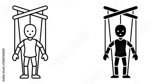 Photos Puppet Strings of Control: Two stylized marionette figures, one outlined and the other solid black, suspended from a crossbar by their strings, symbolizing manipulation or direction