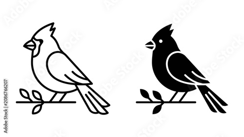 Bild auf Leinwand Cardinal Icons: Two minimalist vector icons of a cardinal bird, one outlined in black and white, the other a solid black silhouette, both perched elegantly on a delicate branch