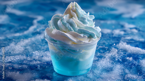 Blue frozen dessert in plastic cup topped with whipped cream swirls sitting on crushed ice surface for refreshing summer treat concept with vibrant cool color palette