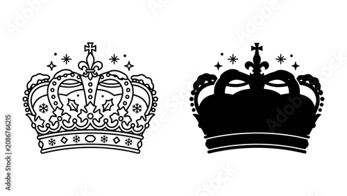 Tableau sur toile Royal Icons: A regal crown in line art and silhouette form, exuding power and majesty