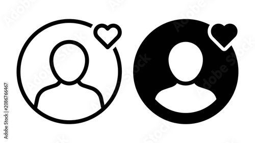 Tableau sur toile User Profile Icons with Heart: Two stylized user profile icons, one outlined and one filled, each featuring a subtle heart symbol, representing connection and affinity