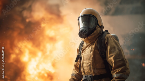 Firefighter in full protective gear standing against a blazing fire background. Emergency response, rescue service and safety concept.