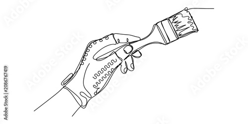 Continuous single line drawing of a human hand wearing a work glove and holding a paint brush for renovation home improvement and artistic creative projects