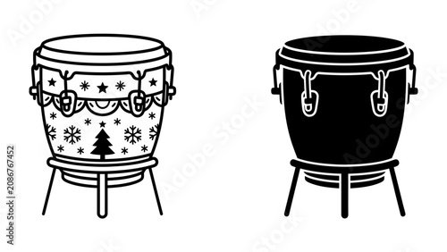 Fotografía Conga Drum Illustrations: Two stylized illustrations of conga drums, one adorned with festive holiday motifs like snowflakes and a Christmas tree, the other a bold silhouette, presented side-by-side