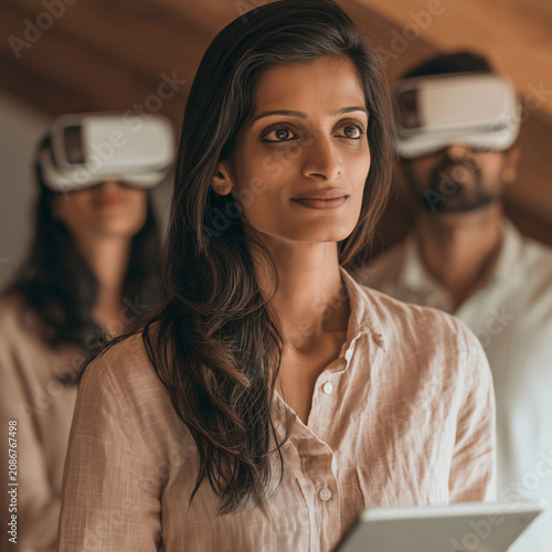 Woman gazes thoughtfully, wearing virtual reality headset. Two others wear headsets, focused in background. Warm lighting highlights natural textures and soft tones. Ideal for tech, education