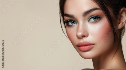 Beautiful Portrait of Young Woman with Professional Makeup in Beauty Studio