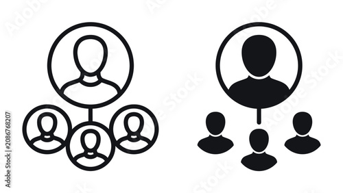 Foto Team Structure and Hierarchy: Two simple graphic representations illustrating organizational structures, depicting a leader figure connected to subordinate members