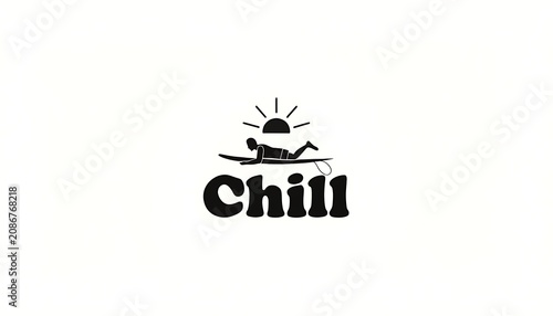 Minimalist Chill Surfing Logo Design with Sun and Surfboard