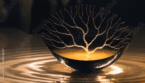Glowing tree silhouette inside a golden liquid ripple bowl illustration
