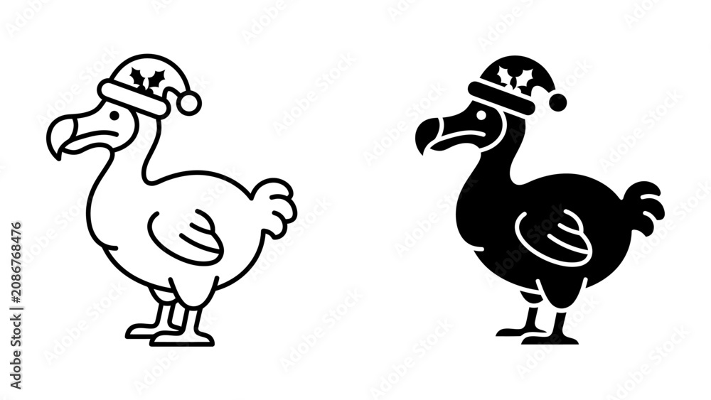 Obraz premium Christmas Dodo Illustration: A whimsical illustration depicts two dodos wearing Santa hats, one in outline and the other as a solid silhouette, ready to spread holiday cheer.