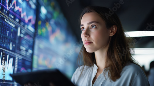 Young Business Analyst Studying Financial Charts on Digital Screens, Fintech and Stock Market Concept