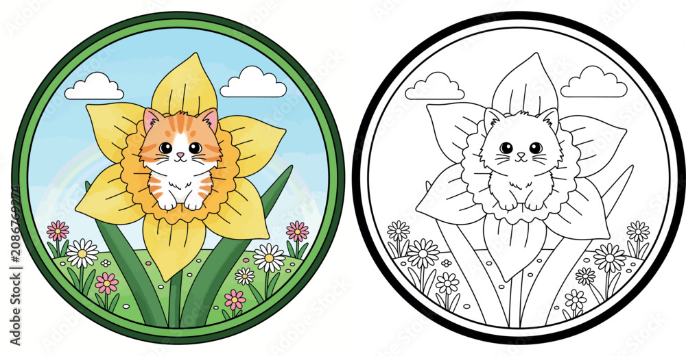 Fototapeta premium Adorable Kitten in a Daffodil Field - Cute Cartoon Spring Illustration