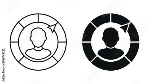 Bilde på lerret User profile graphic icon: Two stylized icons representing a user profile, one in outline and the other solid black, enclosed within a circular progress bar