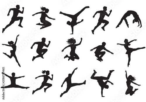 Картината върху платно Athletic people silhouettes set, 15 active human figures jumping and running, bl