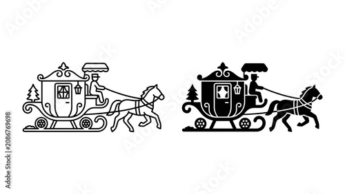 Konstfotografi Horse Drawn Carriage Silhouette: A detailed line art and silhouette representation of a vintage horse-drawn carriage, complete with a driver and passenger