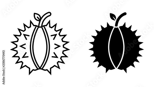 Foto Durian Fruit Icon: A stylized illustration of the exotic durian fruit, presented in both outline and solid black silhouette