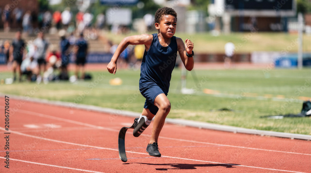 Obraz premium Young boy running on track with a prosthetic leg in sports event 
