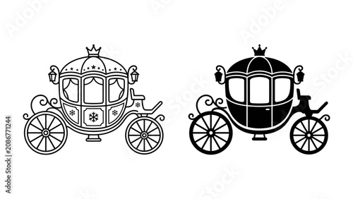 Εκτύπωση καμβά Royal Carriage and Coach: Two ornate carriages, one in black and white, the other in silhouette, feature elaborate detailing, curved wheels, and royal crowns