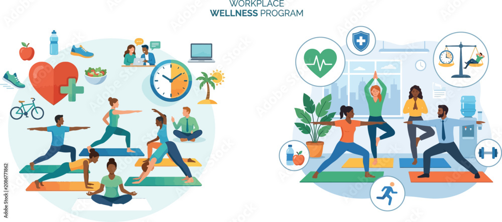 Naklejka premium Group of office workers doing yoga and fitness exercises for a workplace wellness program