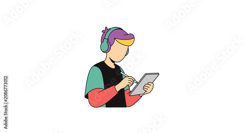Foto Young man wearing headphones using tablet.
