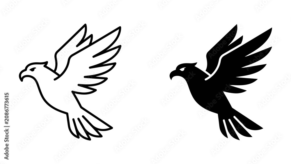 Fototapeta premium Eagle Silhouette Icon: A stylized graphic icon depicting an eagle in flight, presented in both outline and solid silhouette forms, symbolizing freedom and power.
