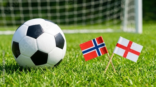 Close Up of Norway and England Mini Flags with Soccer Ball on Grass Field, 11 July 2026