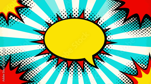 Foto Vibrant pop art style illustration of a speech bubble surrounded by colorful sunburst lines and dots on a bold red background with yellow accents