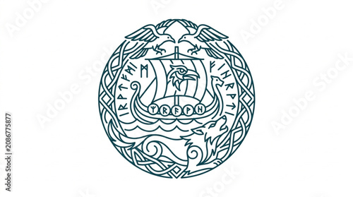 Foto Viking Ship Emblem with Mythological Creatures and Runes.