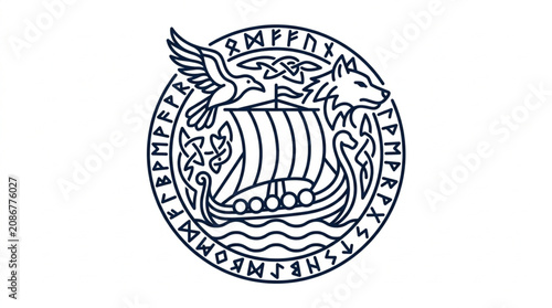 Fotografie Viking Ship Symbol with Wolf and Bird.