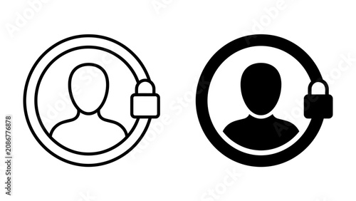 Bild auf Leinwand Secure User Profile Icons: A set of two icons depicting a user profile enclosed by a circular border with a padlock, symbolizing security and privacy, presented in both outline and solid black styles