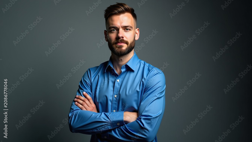 Fototapeta premium His arms crossed ar iteration beautiful A man in a blue shirt is posing for