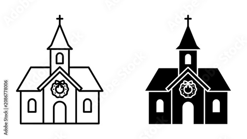 Obraz na plátně Church Icon Set: A set of two icons representing a church, one in outline and the other as a solid silhouette, both featuring a cross on the steeple and a festive wreath above the entrance