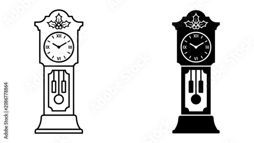 Photos Grandfather Clock Silhouette and Outline: A classic grandfather clock is presented in both a detailed outline and a solid silhouette, showcasing its elegant design and timeless appeal