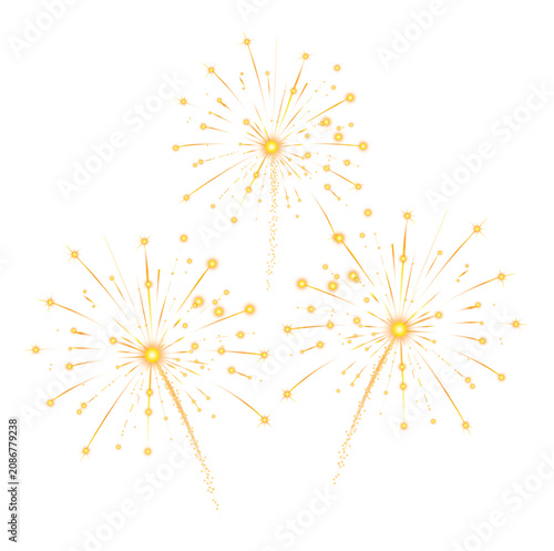 Vibrant Fireworks Display with Golden Stars and Bursts on a White Background for Celebrations and Festive Occasions