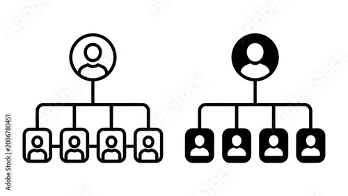 Obraz na plátně Organizational Chart Icons: Two simplified organizational chart icons, one outlined and one filled, depict a hierarchical structure with a top manager and subordinate team members