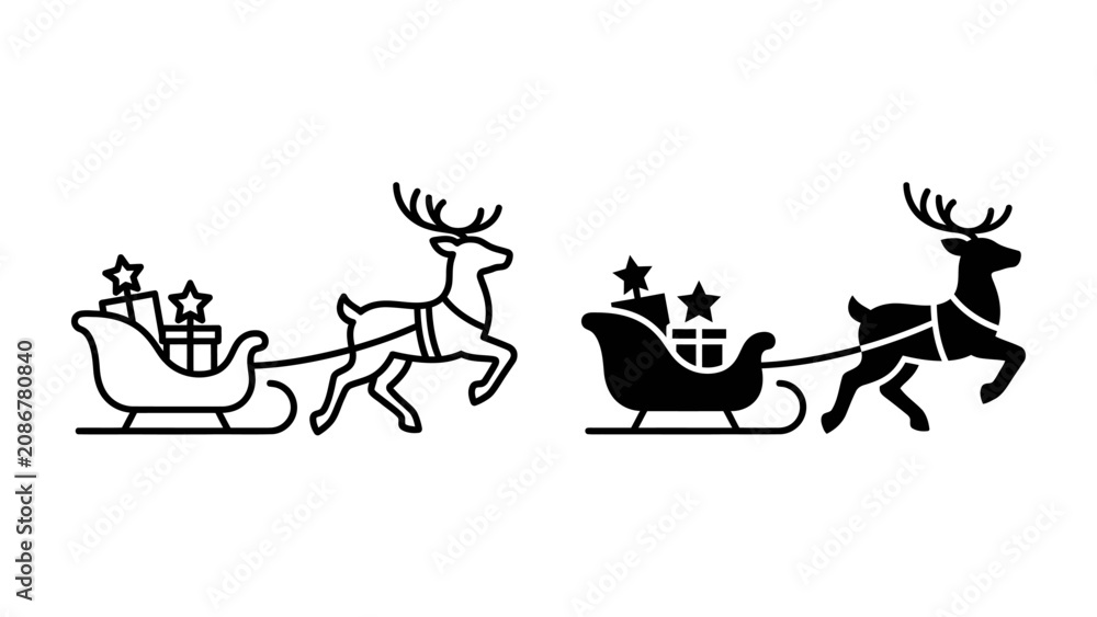 Fototapeta premium Santa's Sleigh Duo: A delightful duo of Santa's sleighs, one rendered in elegant outline and the other in solid silhouette, each pulled by a majestic reindeer laden with gift boxes and festive stars.