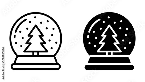 Foto Christmas Snow Globe Icons: A charming depiction of a festive Christmas snow globe, showcasing a decorated pine tree encased in swirling snowflakes