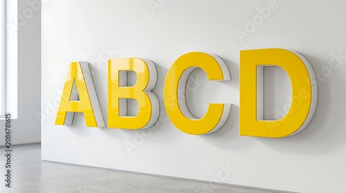 Yellow 3D alphabet letters ABCD on white wall, modern glossy plastic typography sign, bold corporate branding and education concept