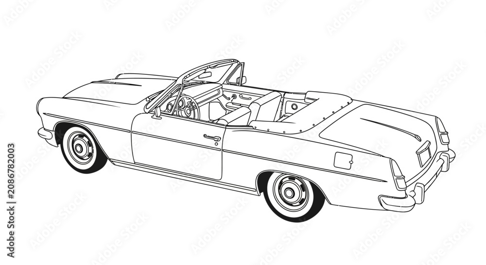 Obraz premium Classic Vintage Convertible Car Line Art Drawing