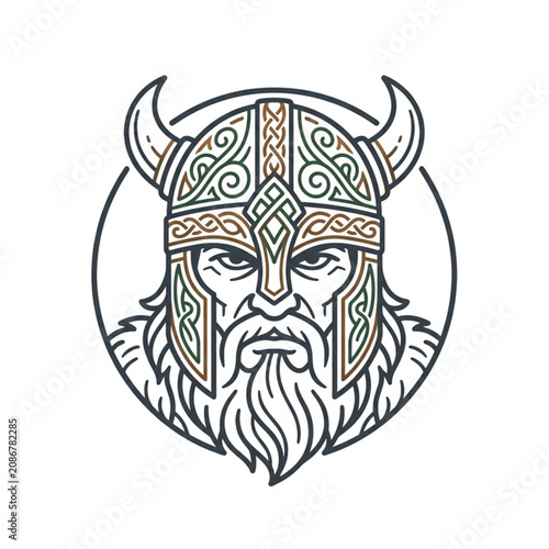 Fotografía Viking Warrior Head Illustration with Horned Helmet and Beard.
