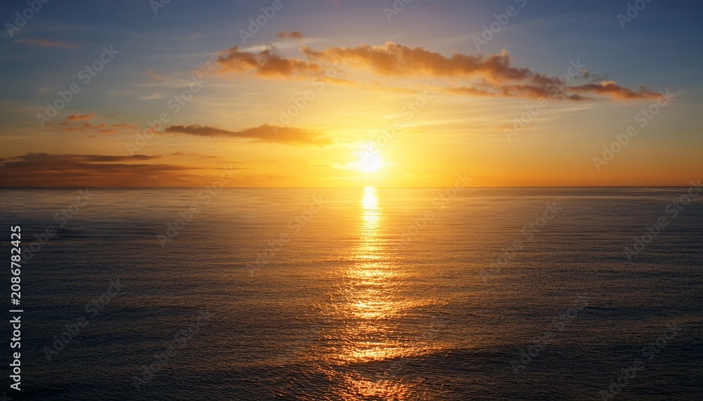 Fototapeta premium The Beautiful Golden Sunset Over The Calm Ocean Horizon With Sun Reflection On Water Surface Background