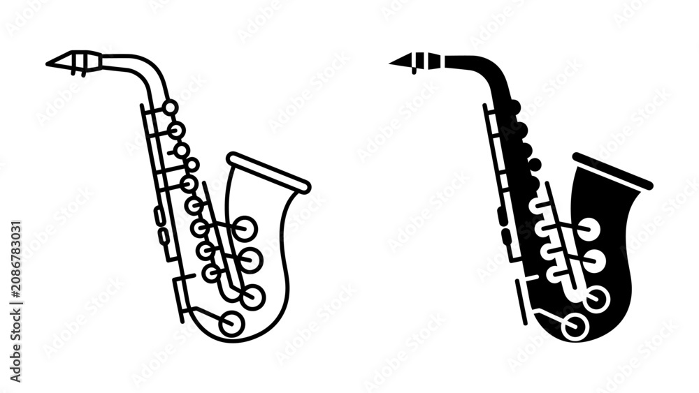 Naklejka premium Saxophone Icon Set: A simple yet elegant collection featuring two icon styles of a saxophone, one outlined and the other a solid silhouette, representing musicality and performance.