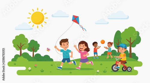 Children playing outdoors on a sunny day flying a kite riding a bike and playing ball in white background.